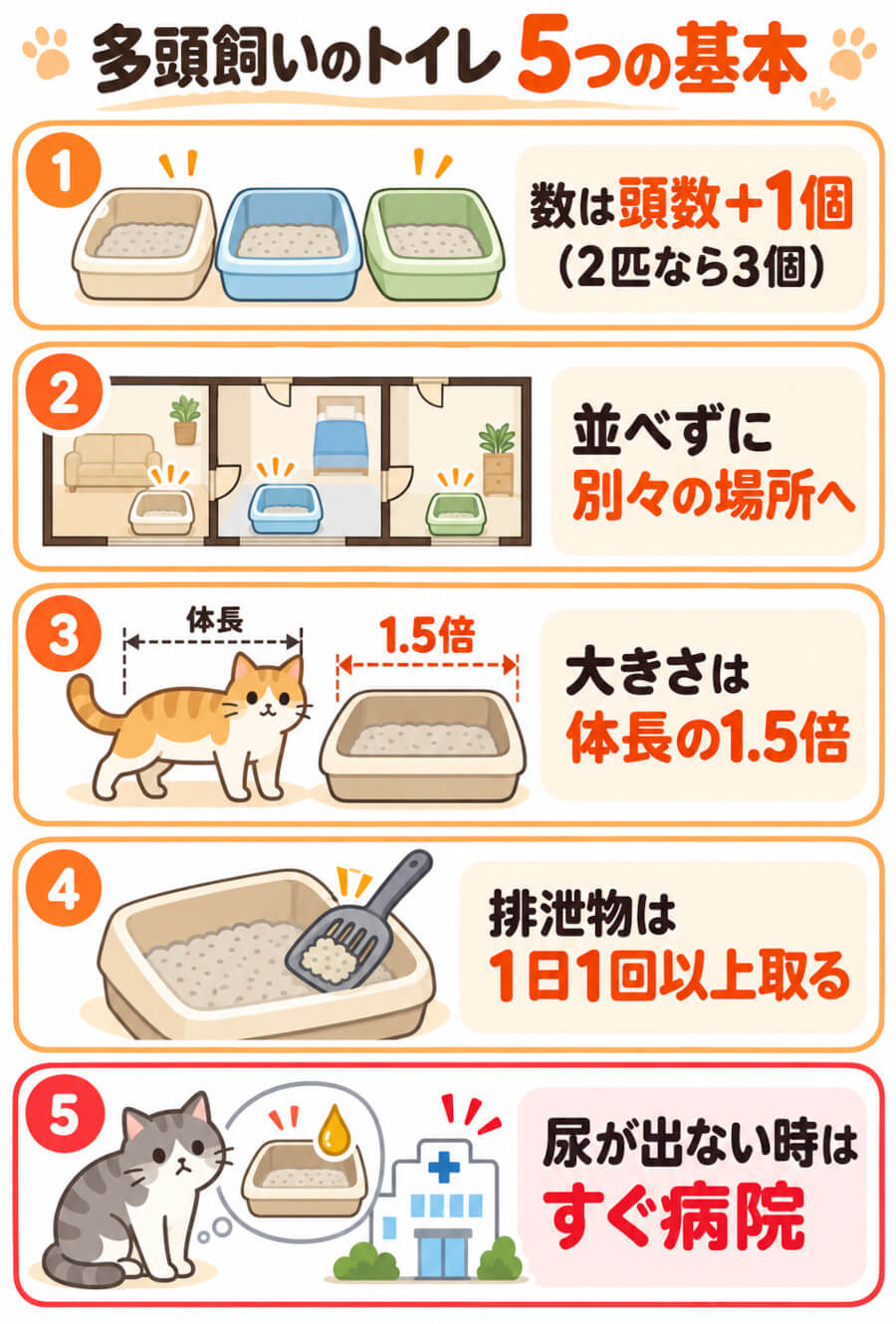 猫の多頭飼いでのトイレの基本ルール5つ(数は頭数+1・別々の場所に置く・大きめを選ぶ・毎日掃除・尿が出ないときはすぐ病院)