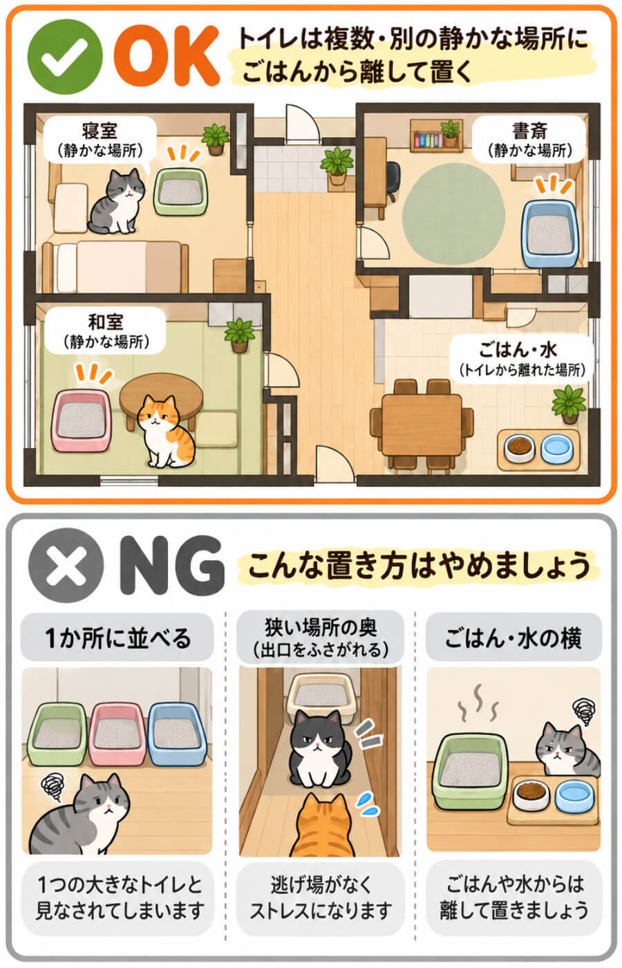 猫の多頭飼いでのトイレの置き方のOK例とNG例(並べて置く・狭い場所の奥・ごはんの横はNG)