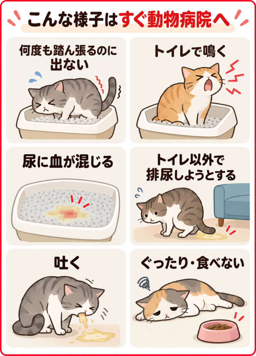 すぐ動物病院に連れて行きたい猫のトイレでの様子(何度も踏ん張るのに尿が出ない・鳴く・血尿・トイレ以外で排尿・吐く・ぐったり)