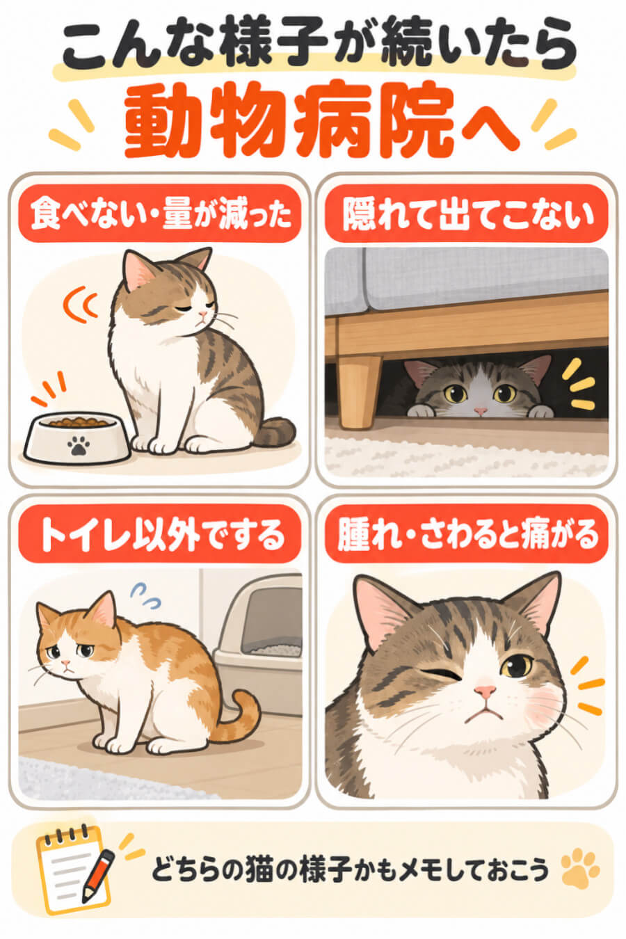 先住猫と新入り猫の受け入れの途中で気をつけたい体調のサイン（食べない・隠れて出てこない・トイレ以外で排せつ・腫れ）
