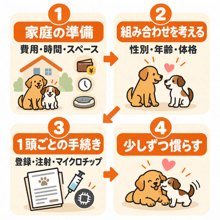犬の多頭飼いを始めるまでの4ステップ（家庭の準備・組み合わせ・手続き・慣らし）