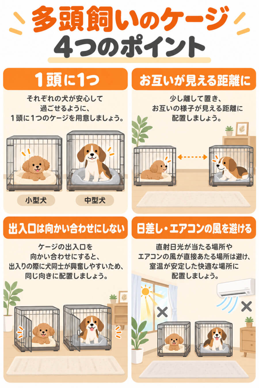 犬の多頭飼いのケージ4つのポイント(1頭に1つ・見える距離に置く・出入口をずらす・日差しやエアコンの風を避ける)