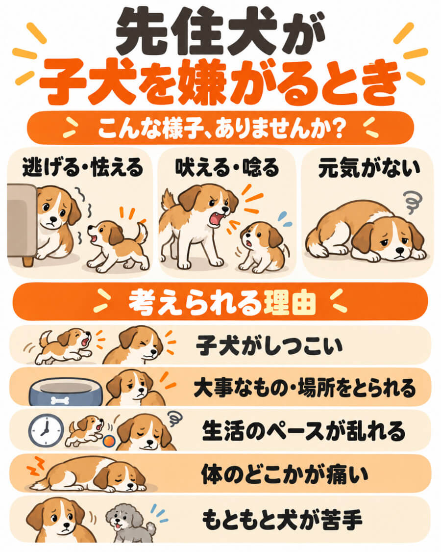 先住犬が子犬を嫌がるときの3つの様子と、考えられる5つの理由