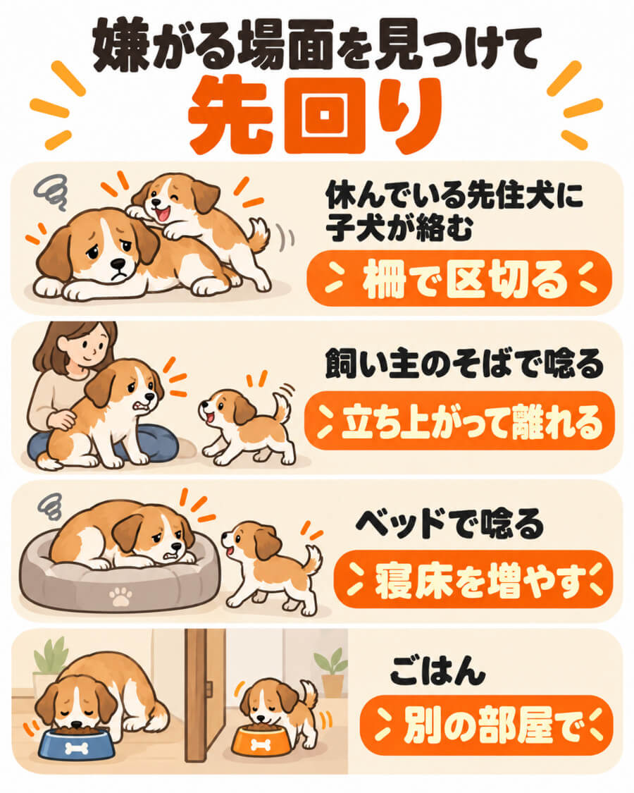 先住犬が子犬を嫌がる場面ごとの対処(休んでいるとき・飼い主のそば・寝床・食べ物)