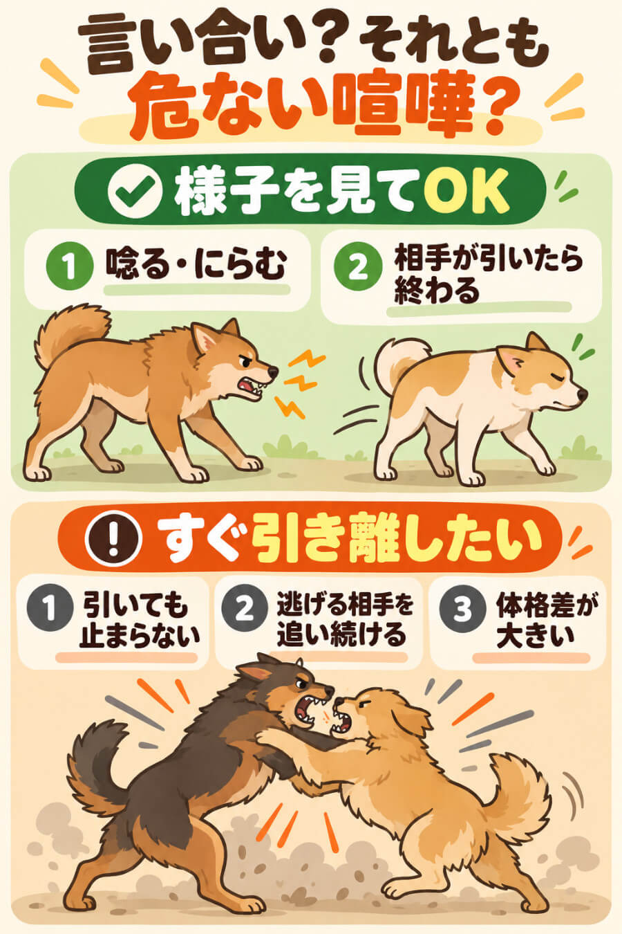 犬同士の小さな言い合いと、止めに入りたい危ない喧嘩の見分け方