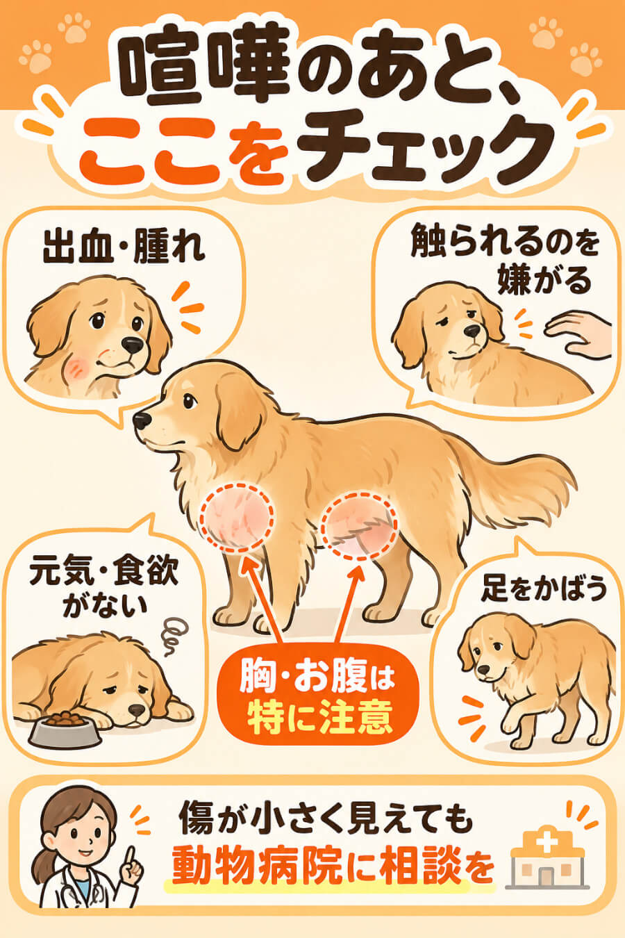 犬同士の喧嘩のあとに確認したいポイント(胸・お腹の傷、出血や腫れ、元気・食欲、足をかばう)