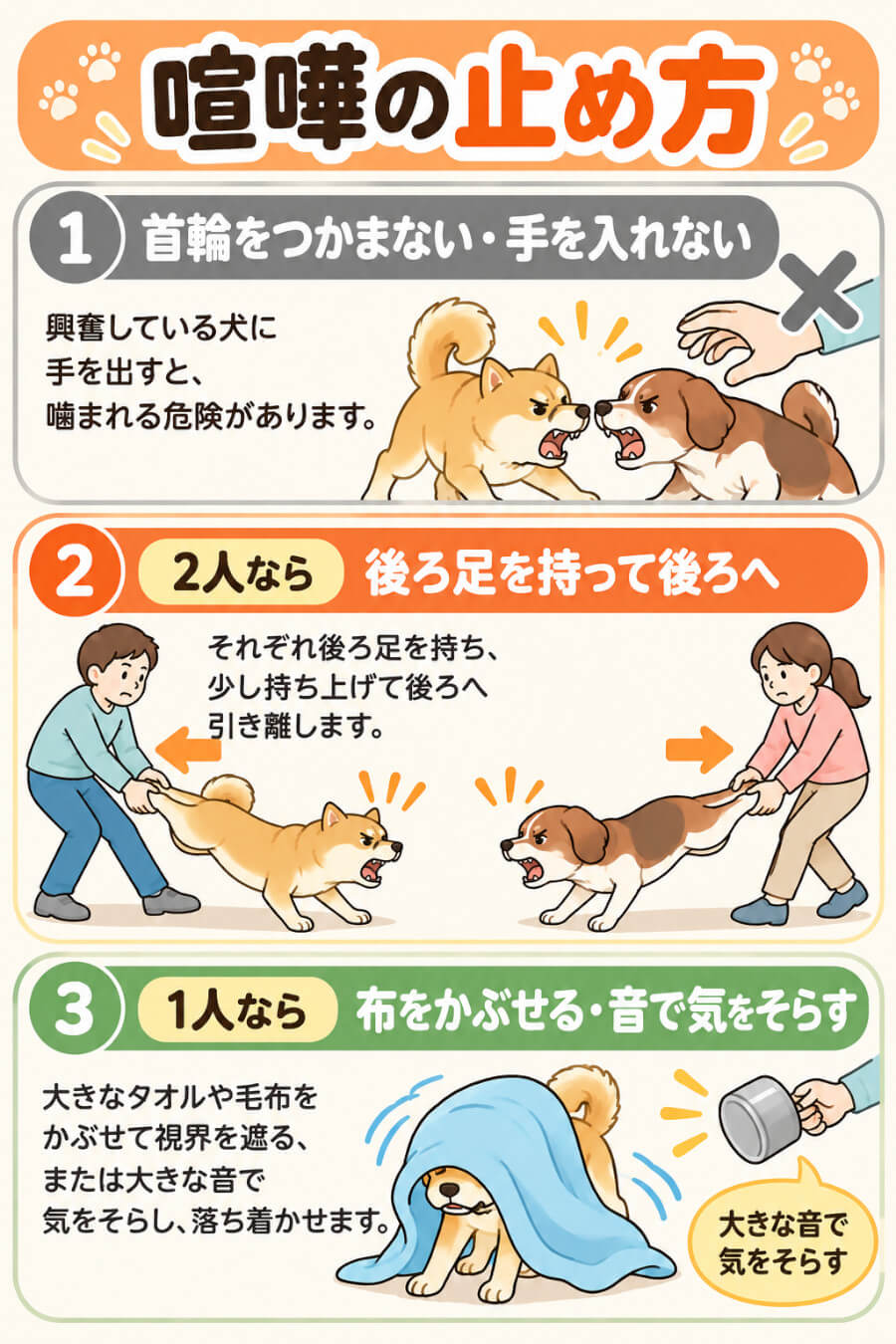 犬同士の喧嘩の止め方(首輪をつかまない、2人なら後ろ足を持って引き離す、1人なら布や音で気をそらす)
