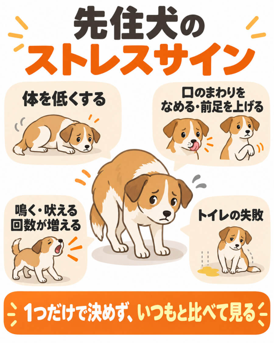 2匹目を迎えた先住犬に見られるストレスのサイン(姿勢・口と足・声・行動)