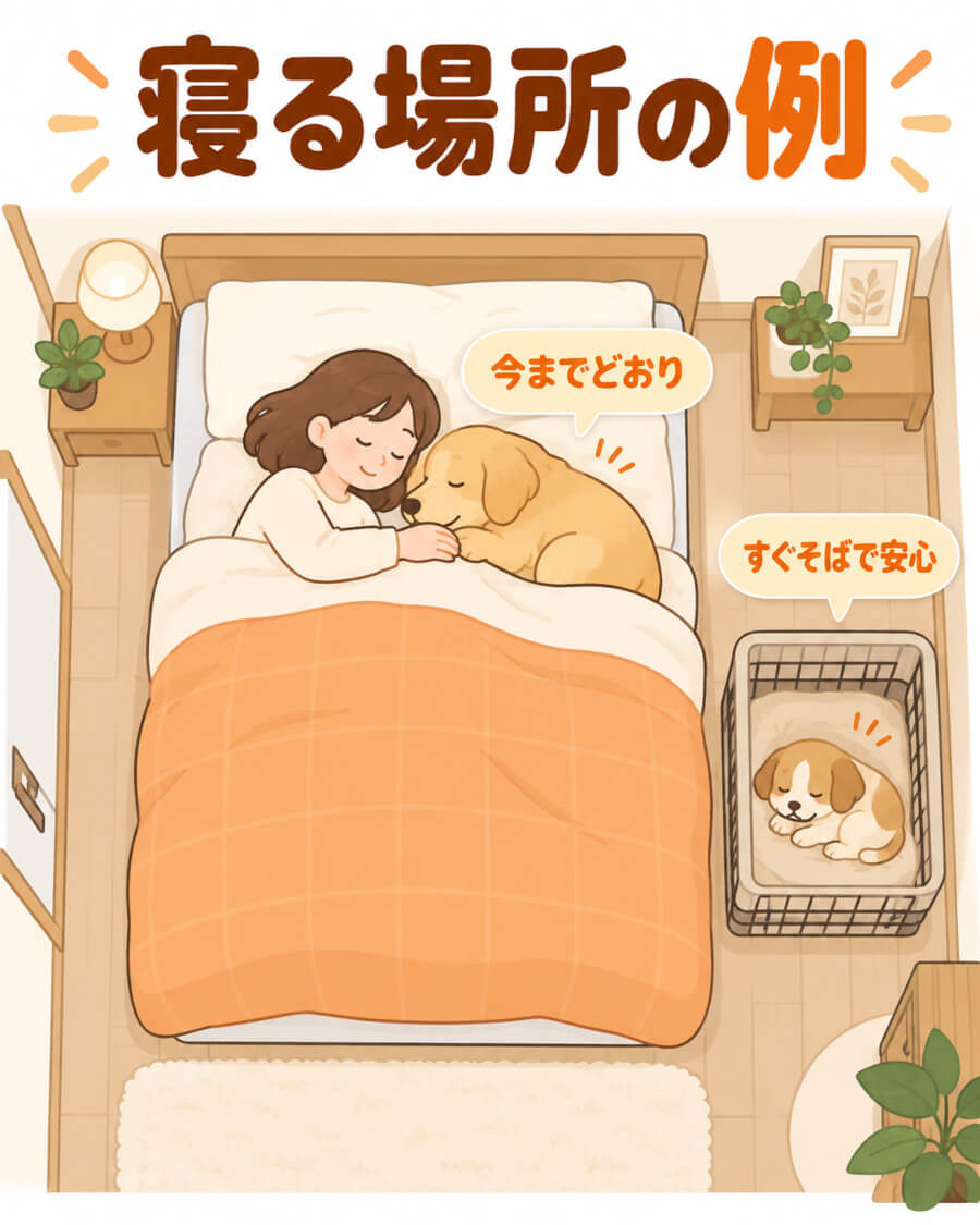 先住犬は飼い主と一緒に、新しい子は寝室のクレートで寝る配置の例