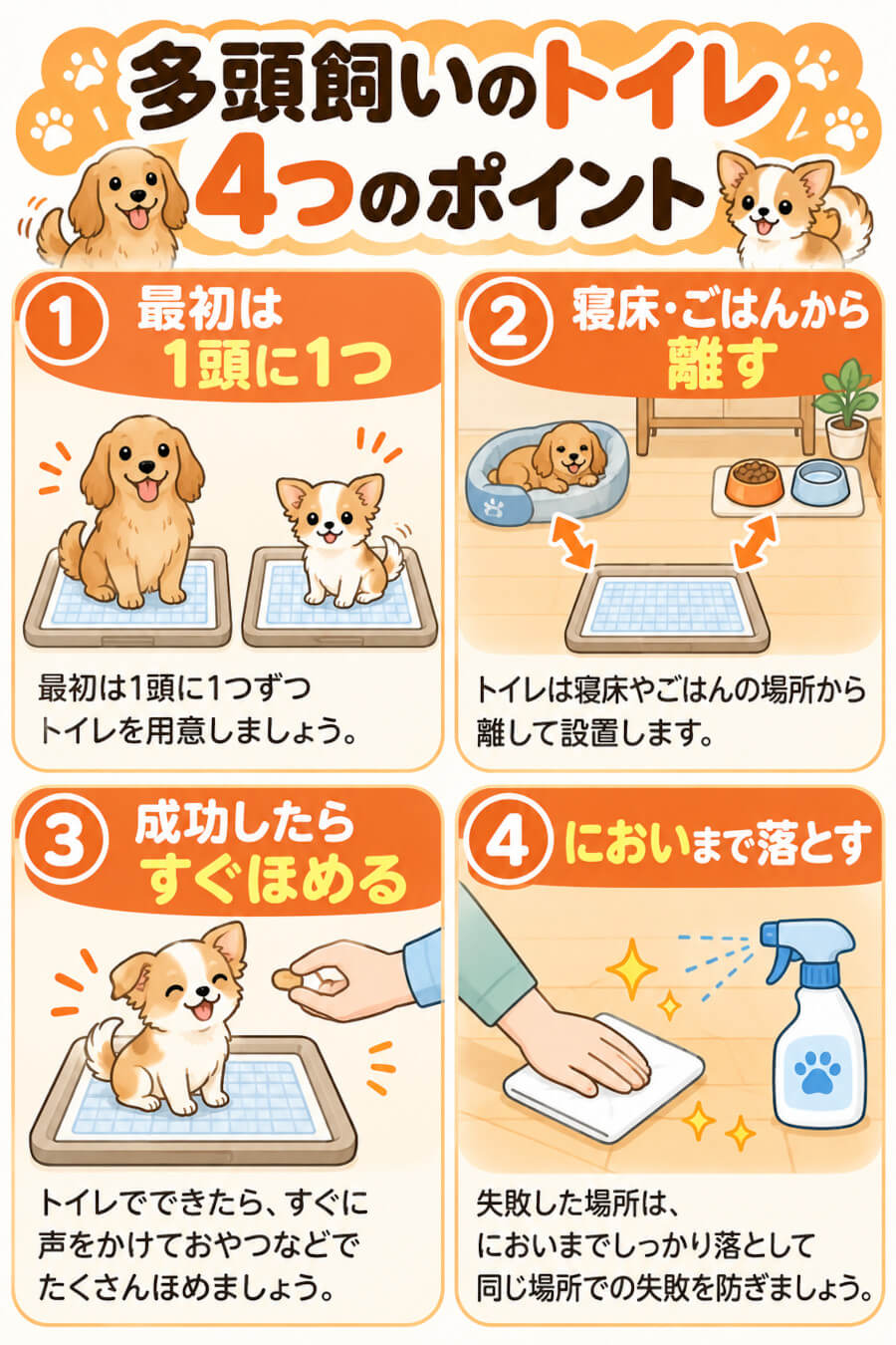 犬の多頭飼いのトイレ4つのポイント(最初は1頭に1つ・寝床とごはんから離す・成功したらすぐほめる・においまで落とす)