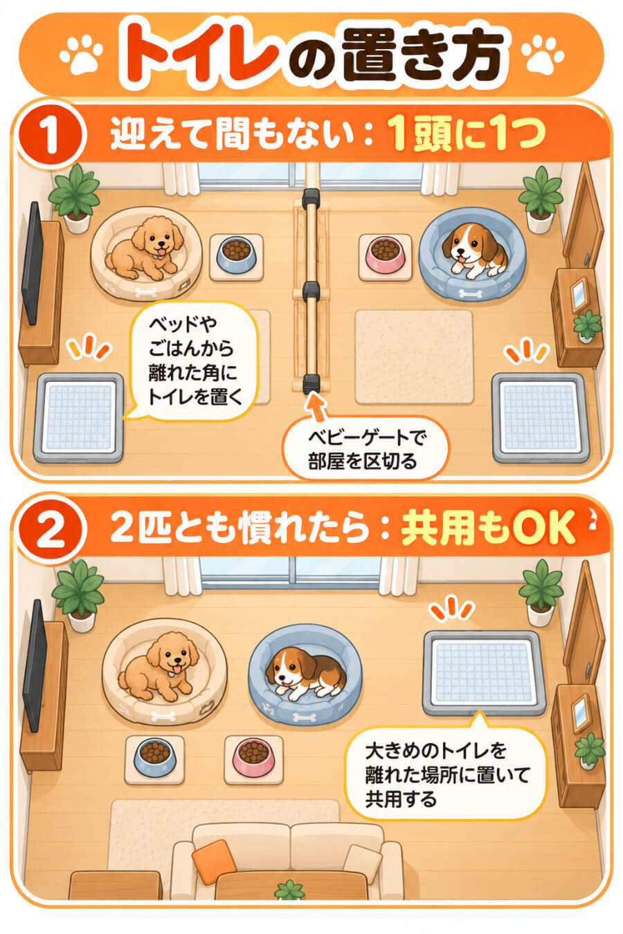 犬の多頭飼いのトイレの置き方(迎えて間もない時期はゲートで区切ってそれぞれに置く・慣れてからは大きめのトイレを共用)