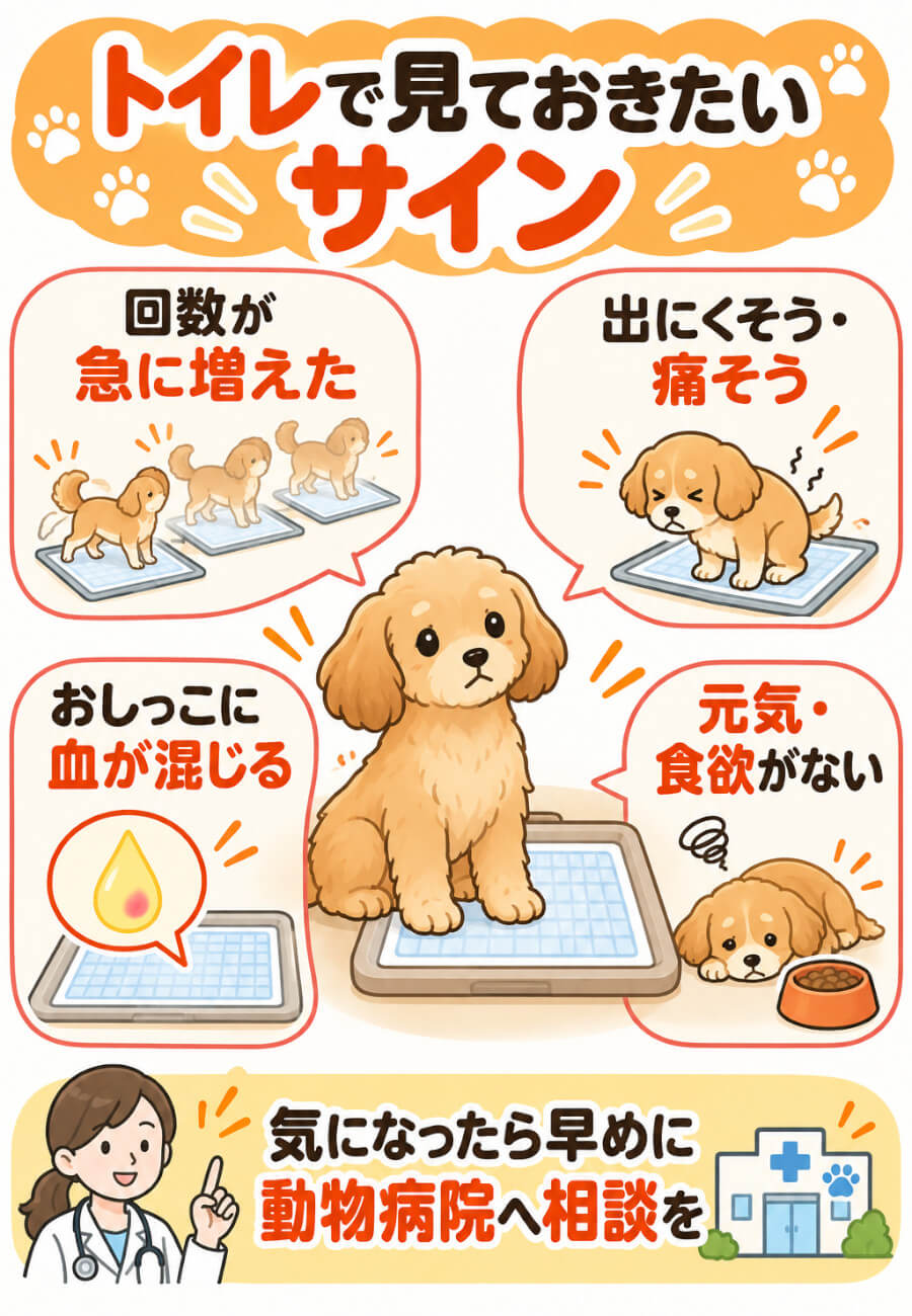 トイレで見ておきたい犬の体調のサイン(回数が急に増える・出にくそう・血が混じる・元気や食欲がない)
