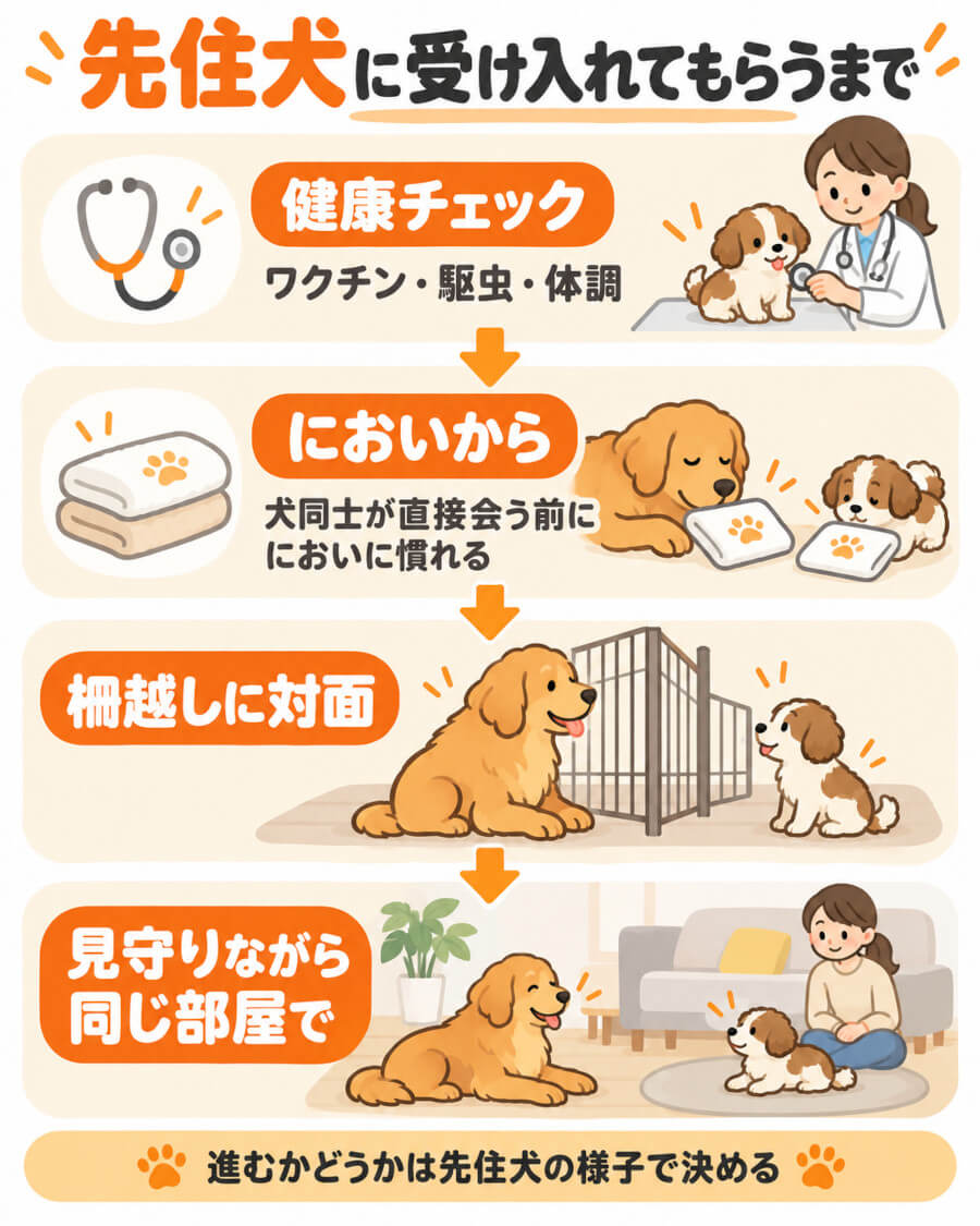 先住犬が子犬を受け入れるまでの流れ（健康チェック→においから→柵越し→同じ部屋で）