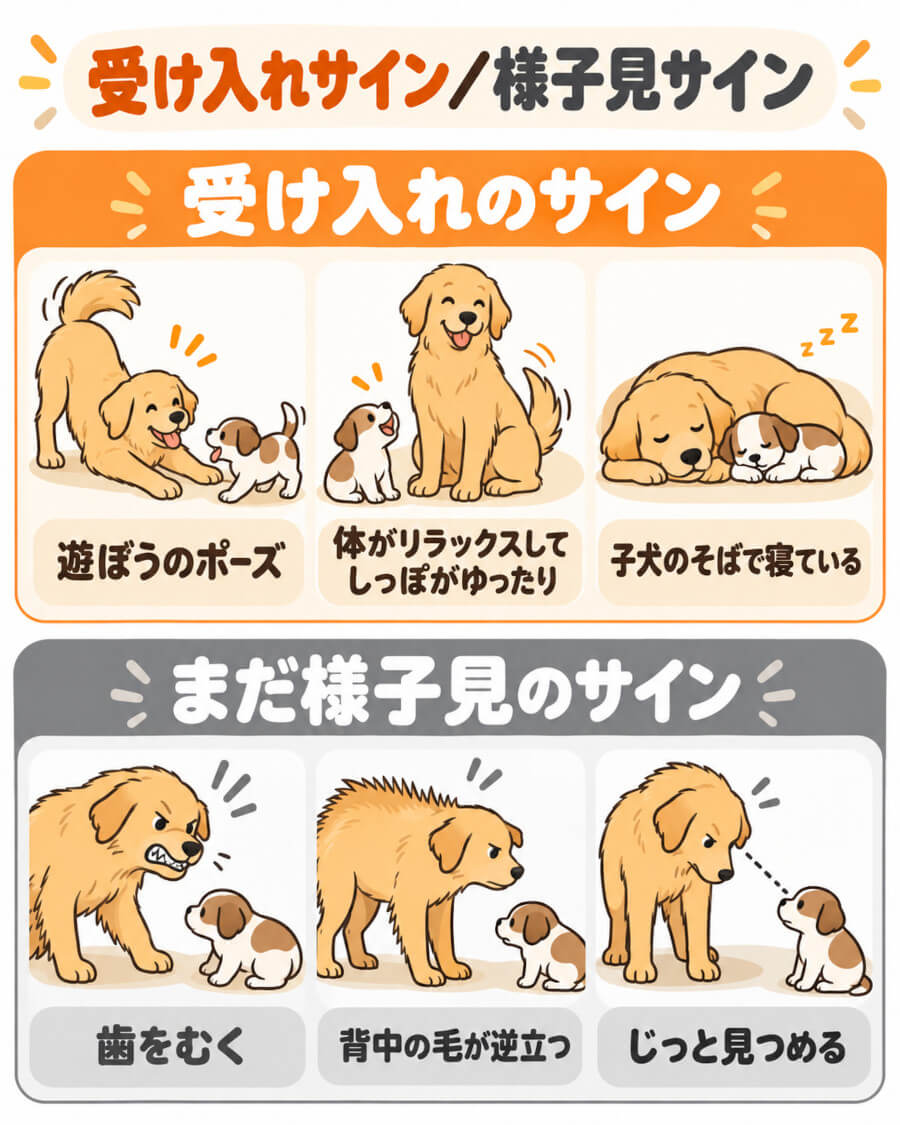 先住犬が子犬を受け入れたサインと、まだ様子を見たいサイン
