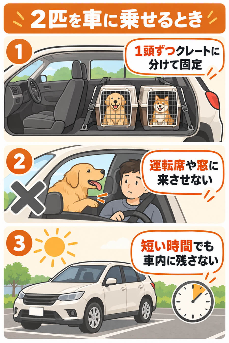 犬2匹を車に乗せるときのポイント（1頭ずつクレートに分けて固定・運転席や窓に来させない・短い時間でも車内に残さない）